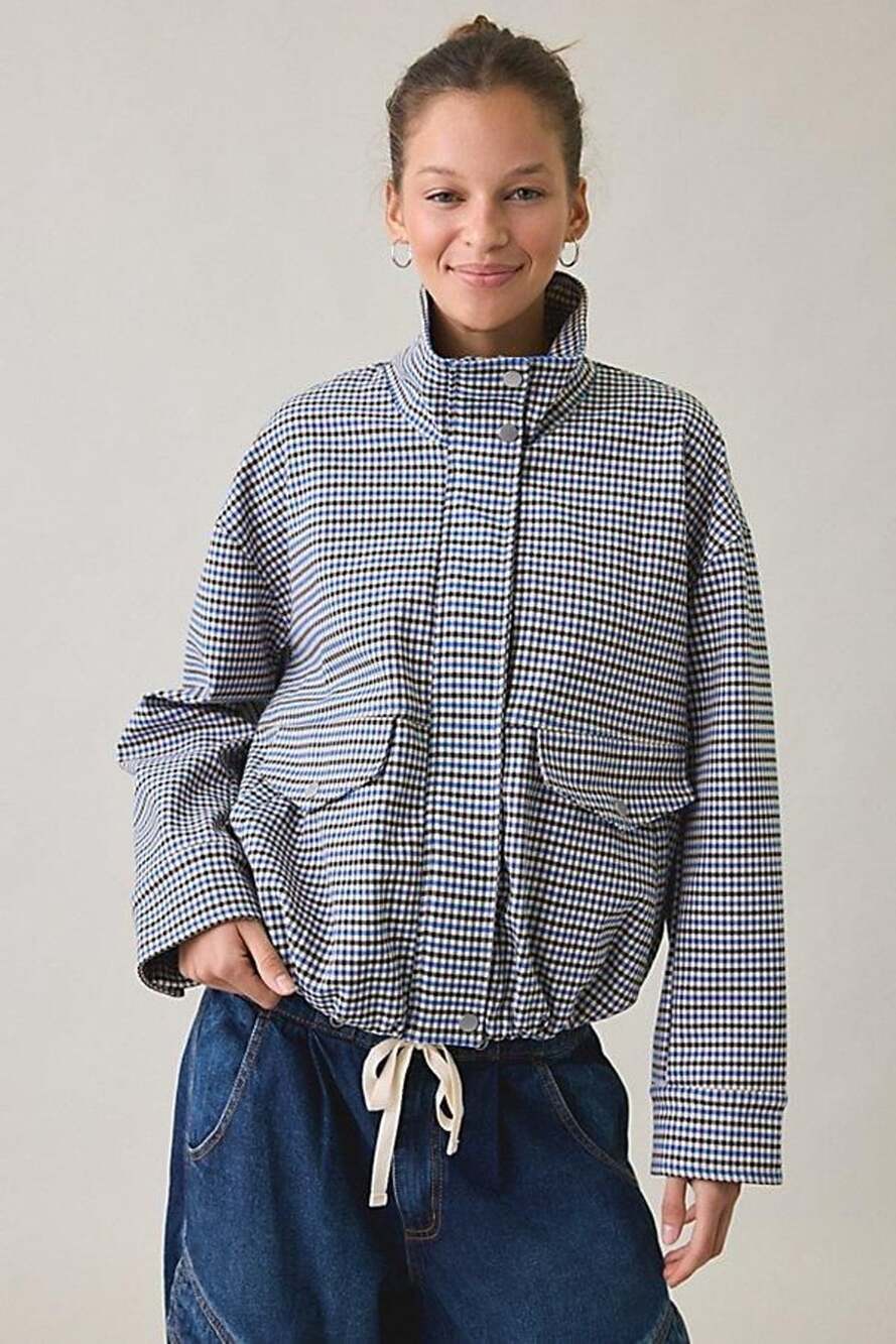 Urban Outfitters Gingham Check Bomber Jacket Size S Blue Black White